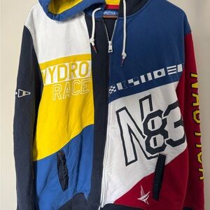 Nautica Blue Sail Hoodie with Yellow and Red Accents Vintage Style